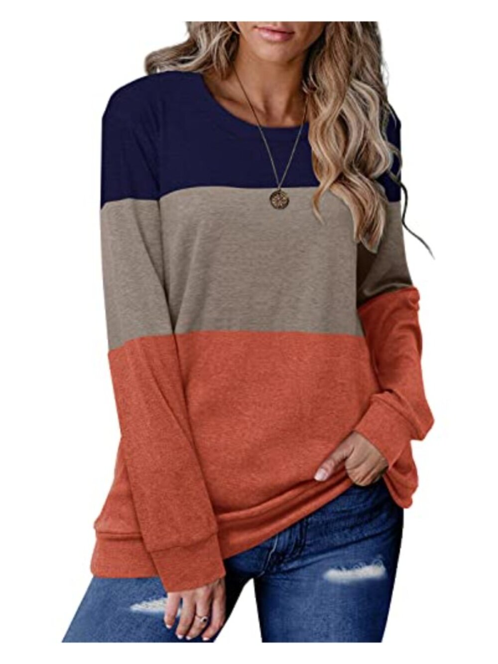 KISSMODA Women's Color Block Tunic Top Long Sleeve Crew Neck Casual Pullover